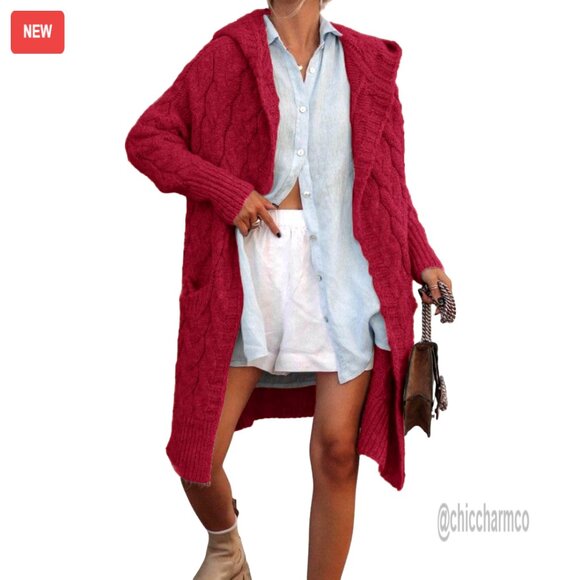 Oversized Cable Knit Hooded Cardigan Sweater Trench Coat with Pockets